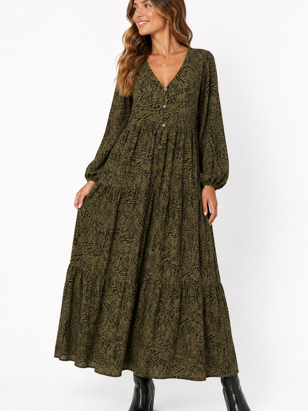 Olive /Grey Long Sleeve V-Neck Tiered Maxi Dress